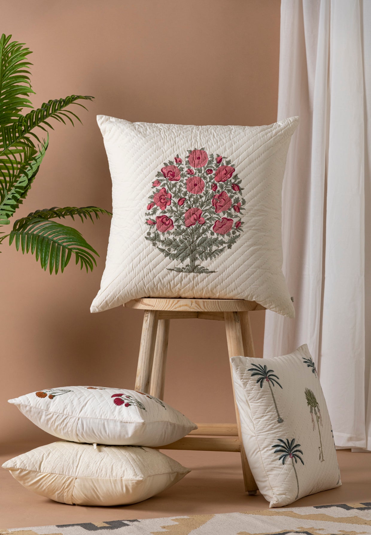 Rose Of Spring Hand Block Printed Cushion By Pinjore
