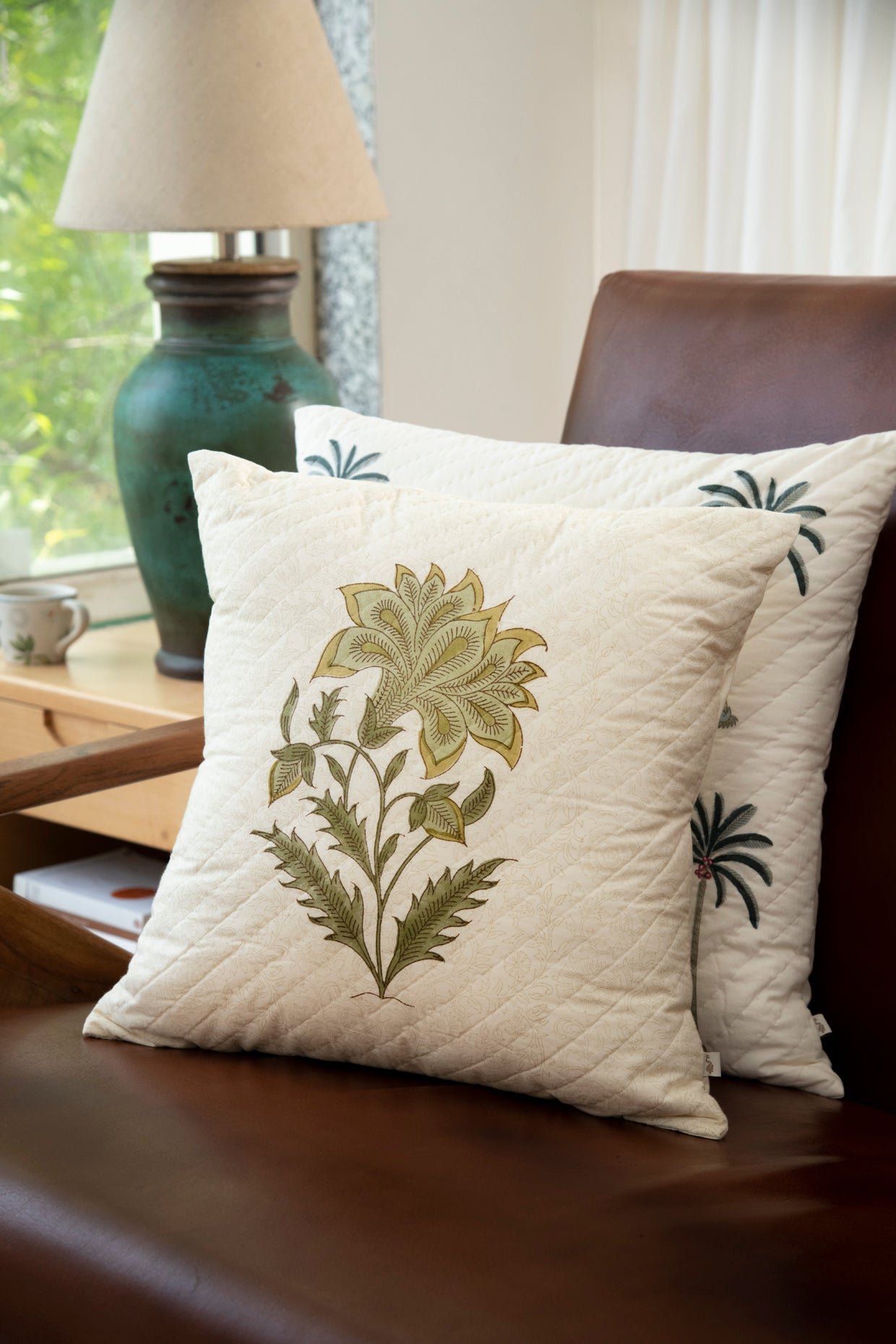 Green Flower Hand Block Printed Cushion By Pinjore